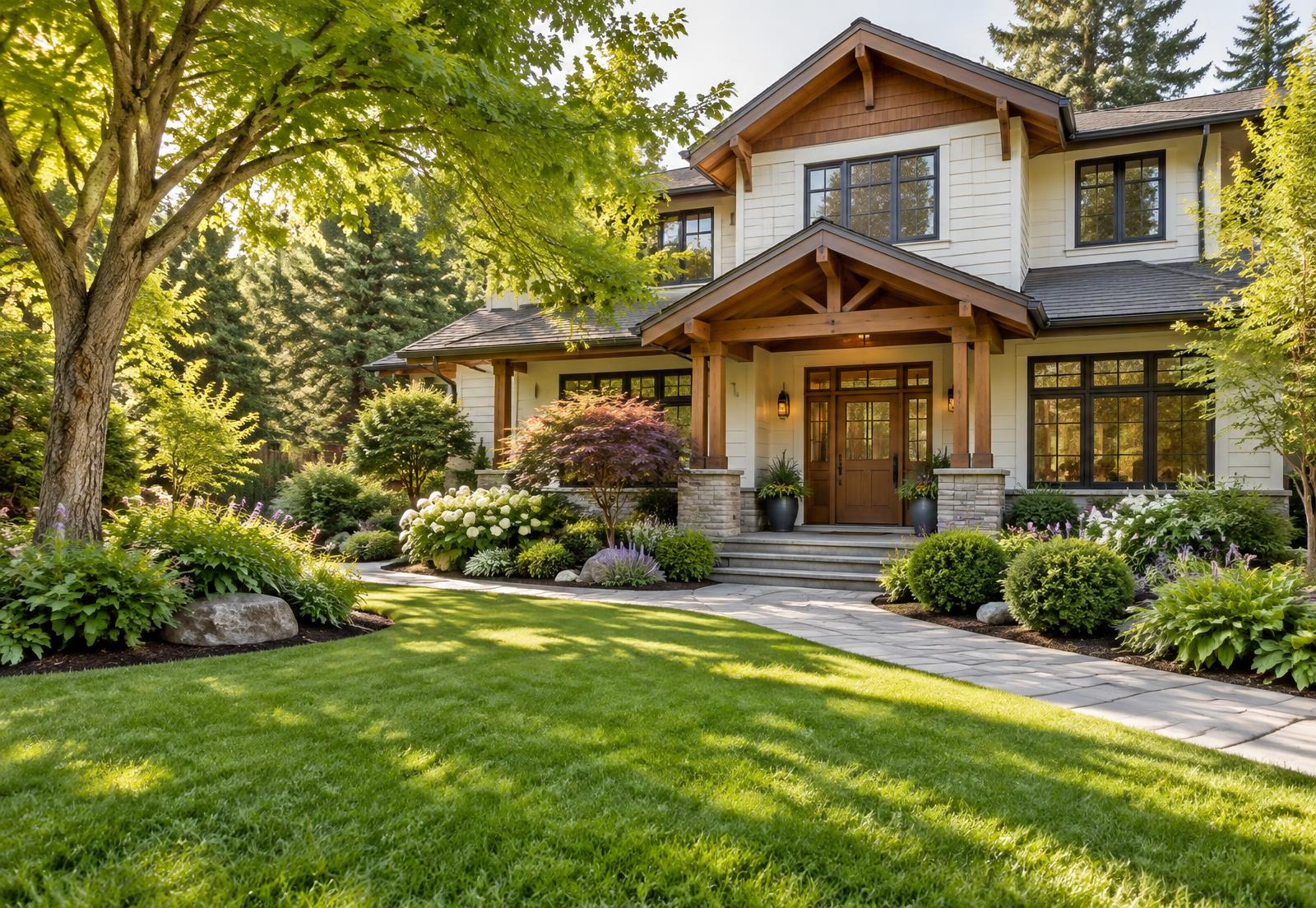 A Pacific Northwest home surrounded by a maintained lawn, flowering beds and mature trees